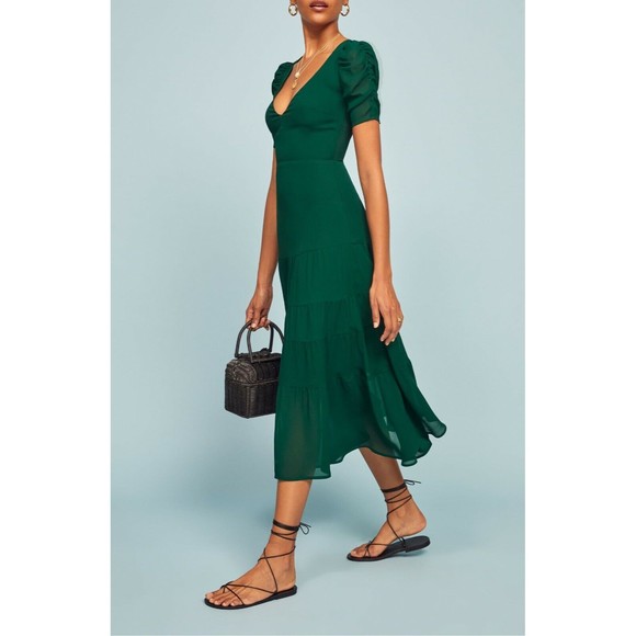 REFORMATION Emerald Green COSA Ruched Sleeve Tiered Deep V-Neck Dress 4 = S - Picture 6 of 6